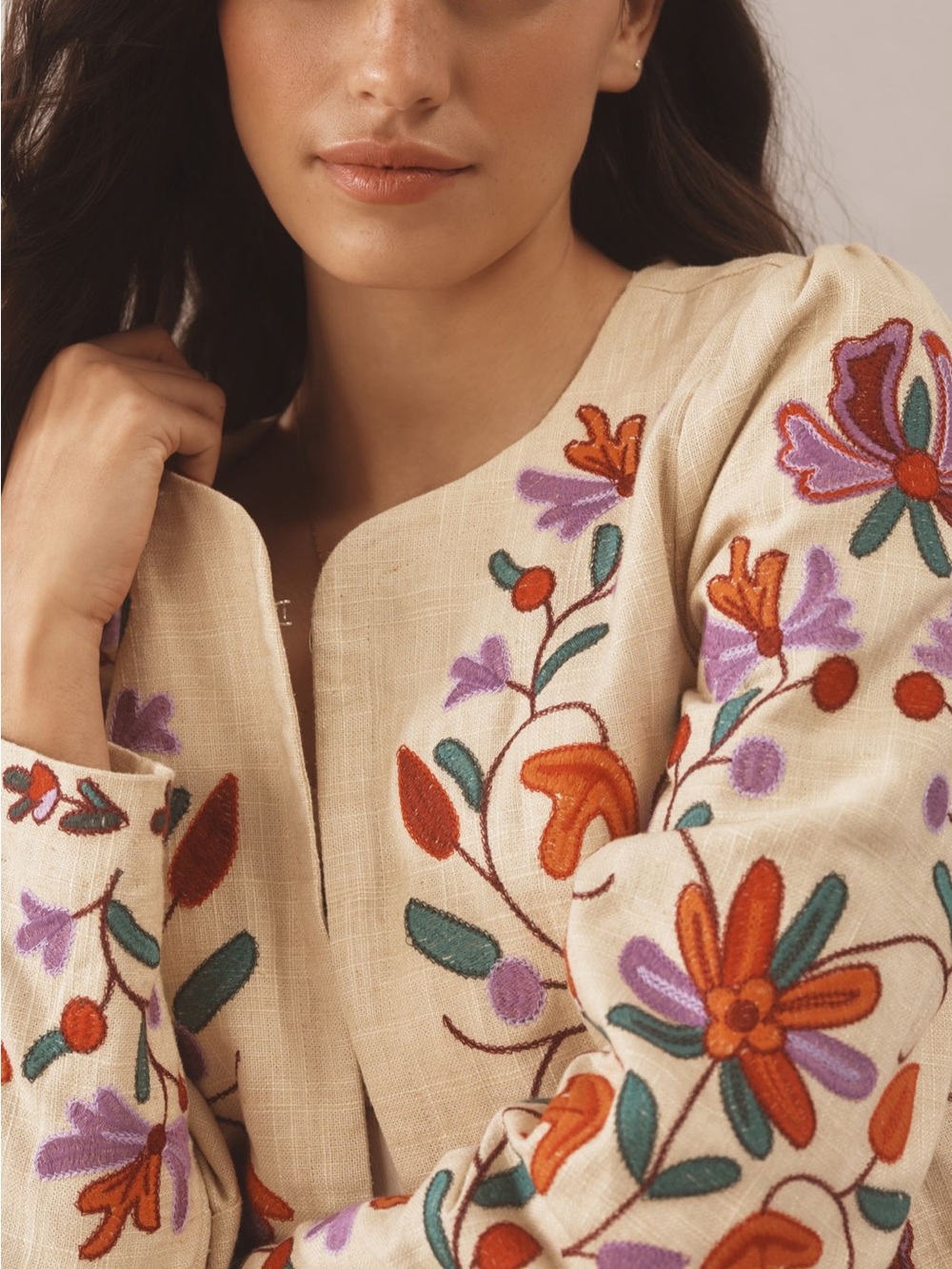 Anthropologie DOLAN Cream Linen Floral Cropped Jacket - Picture 3 of 8